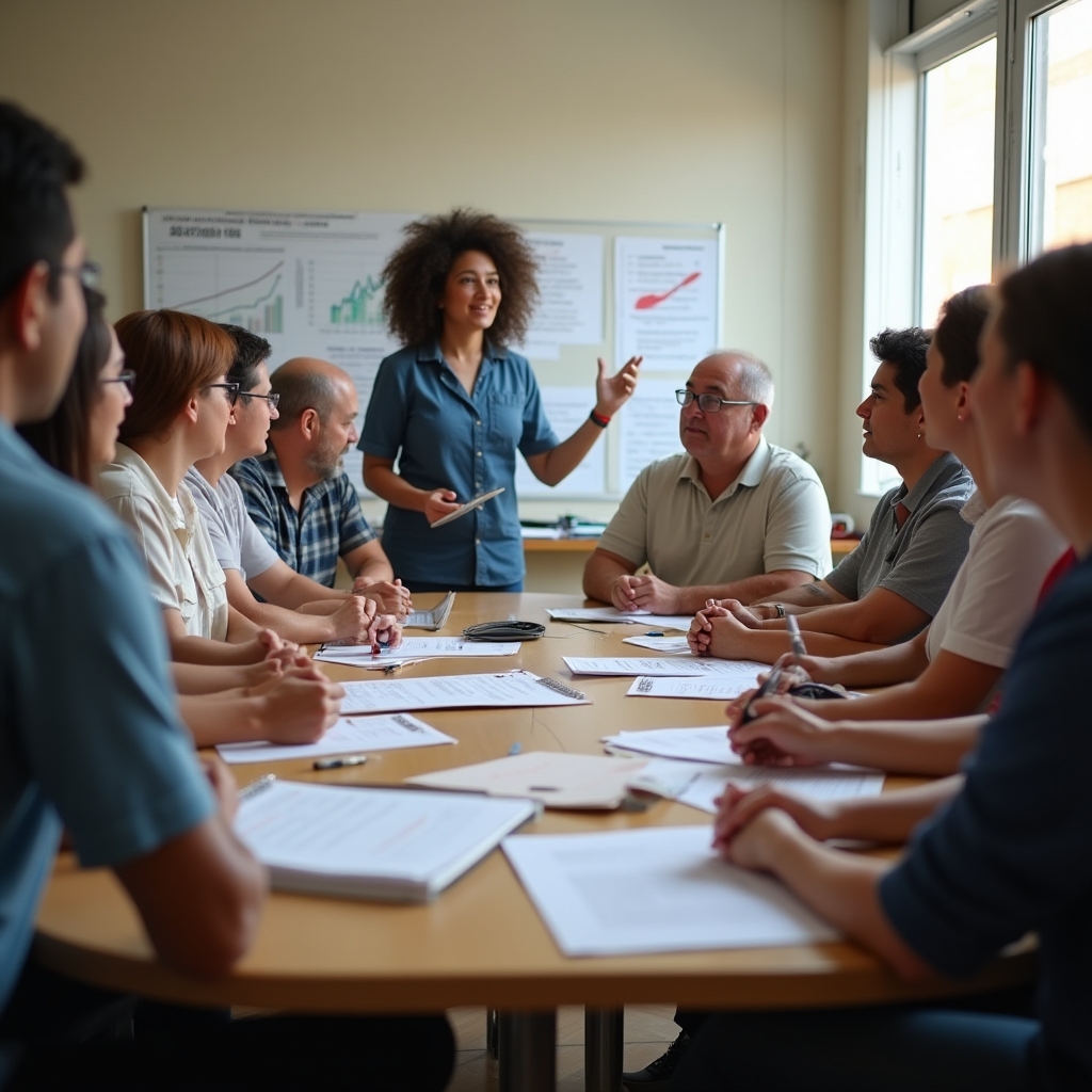 Group participating in an in-person economic literacy workshop