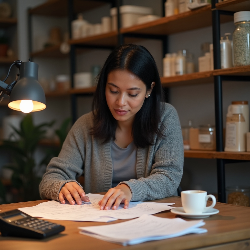 Small business owner reviewing financial notes at their workspace
